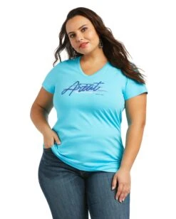 Ariat Women's REAL Logo Script Classic Fit Tee -Ladies Western Cowboy Shop Ari202201 0021 S22 WMS WEST 10039789 front plus
