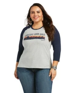 Ariat Women's REAL Long Live Baseball Tee -Ladies Western Cowboy Shop Ari202201 0050 S22 WMS WEST 10039779 front plus