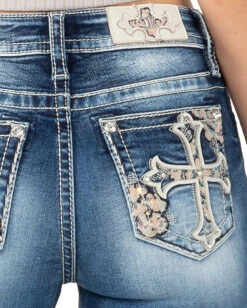 Women's Floral Cross Mid-Rise Bootcut Jeans -Ladies Western Cowboy Shop MMJ202205 0015 M3864B D